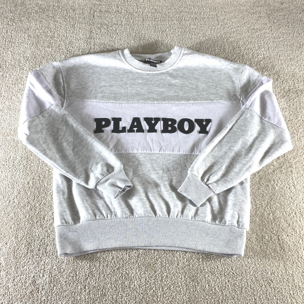 Playboy Sweatshirt Womens XS Grey Colorblock Logo Pullover Long Sleeve‎